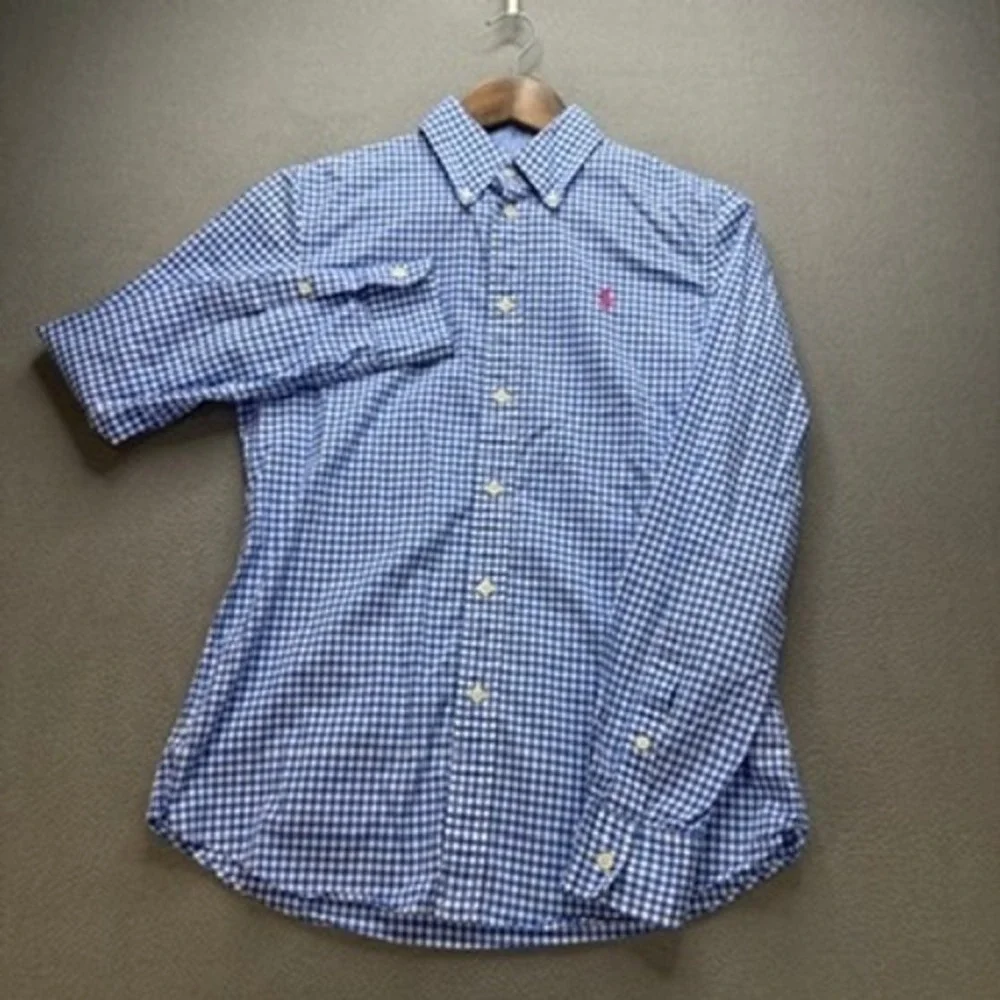 Ralph Lauren Gingham Button Down Shirt Custom Fit 6 Blue White Pony Logo Preppy